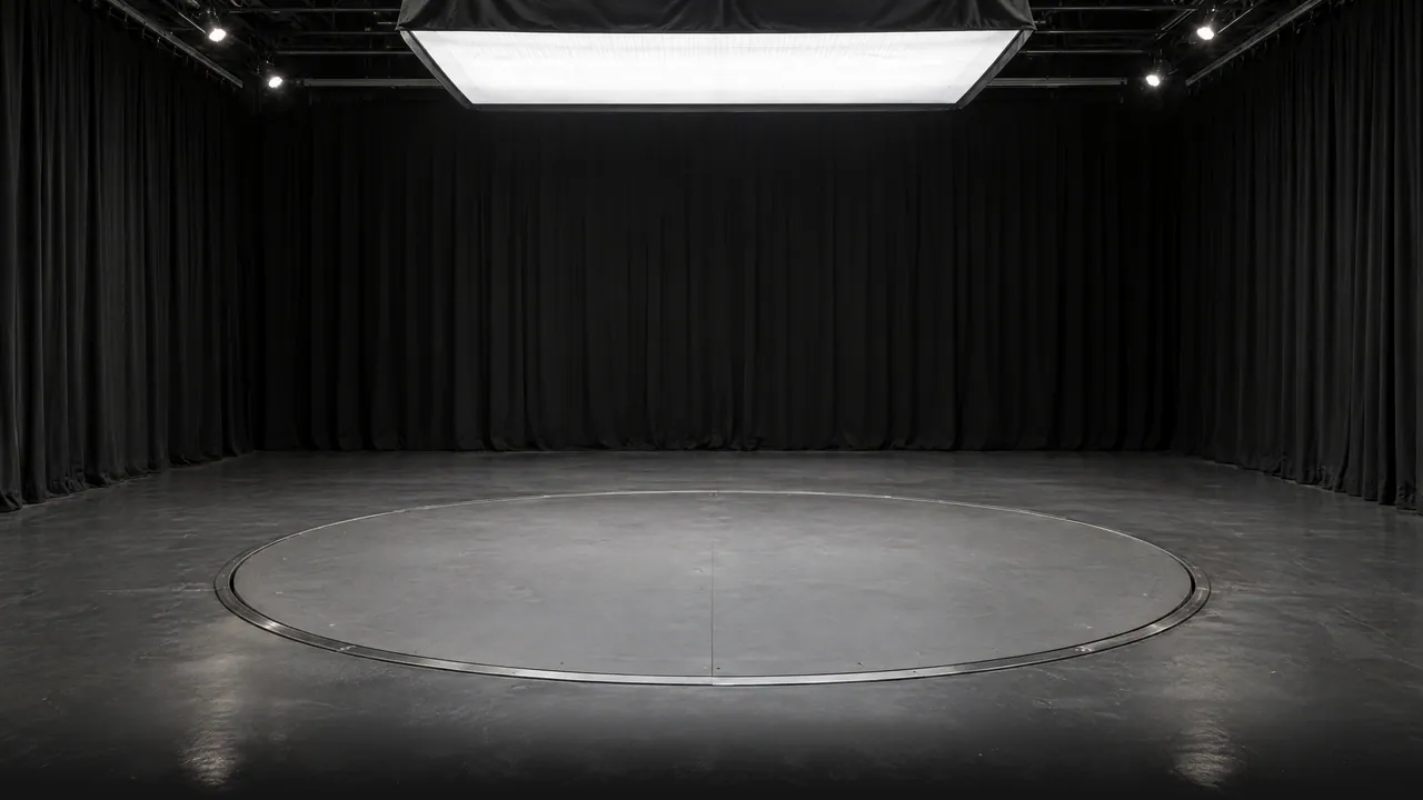 An empty studio with black curtains, a large softbox overhead and a turntable set into a grey concrete floor; a studio backdrop made with TunePixel AI.
