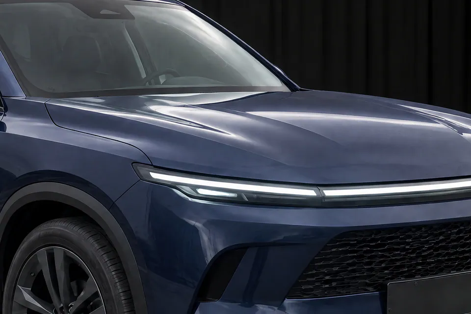 The dark blue SUV’s bonnet and light bar in the Black Box studio, lit by the studio’s soft light; made in TunePixel AI Studio.