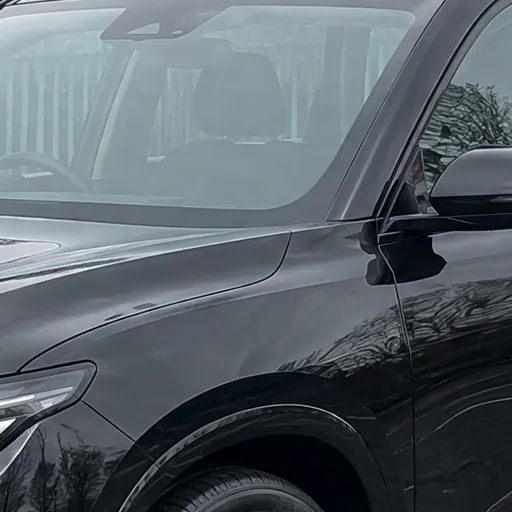 The same windscreen and wing in the sample lot photo, with the grey sky and a fence reflected in the glass; a sample photo made with TunePixel AI.
