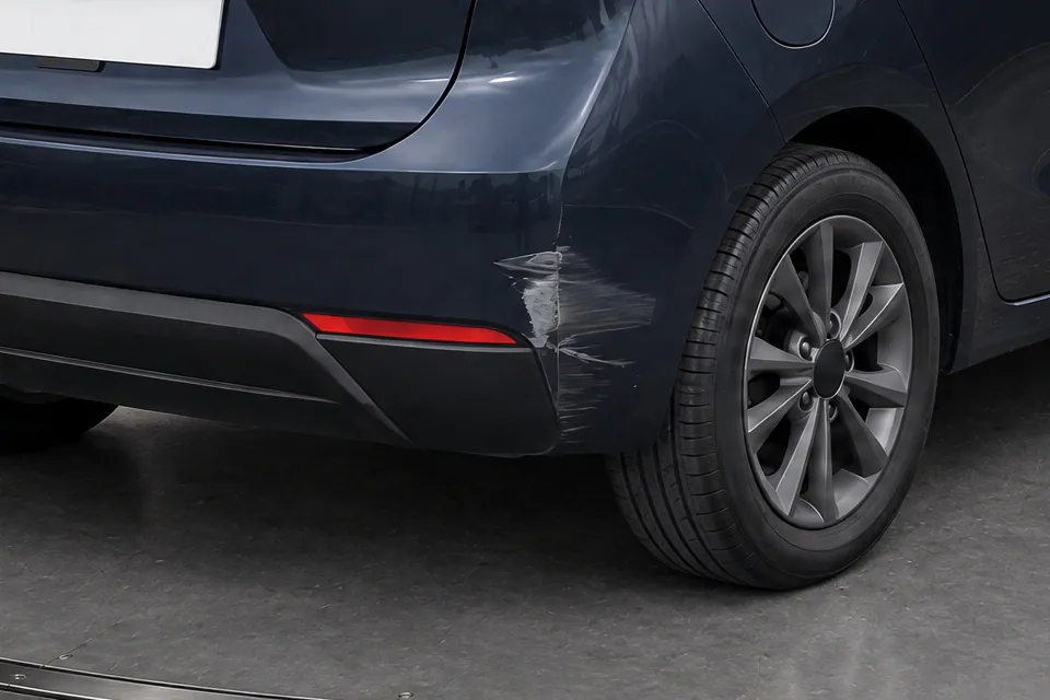 The fictional hatchback’s rear bumper in the Black Box studio: the scrape beside the red reflector is still there, above the rear wheel; made in TunePixel AI Studio.