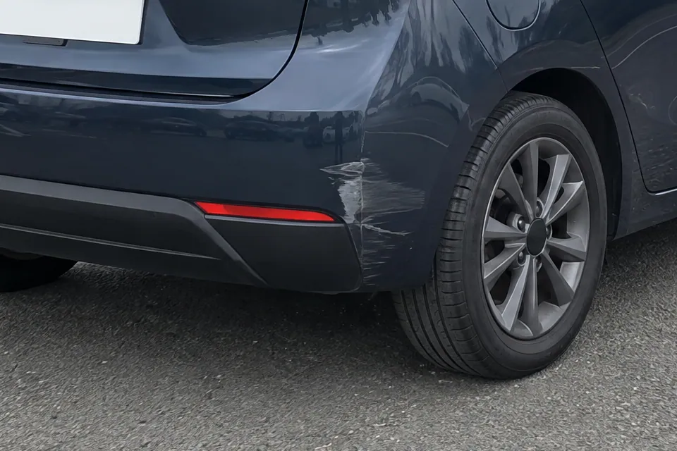 The same rear bumper in the sample lot photo: the scrape beside the red reflector, parked cars reflected in the paint above it, on grey tarmac; a sample photo made with TunePixel AI.