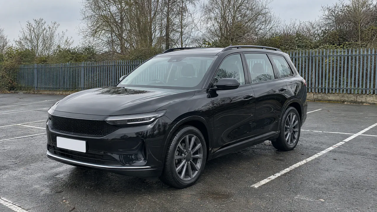 A fictional black three-row SUV with large clear windows on an overcast car lot, the lot reflected in its paint, front three-quarter view; a sample photo made with TunePixel AI.