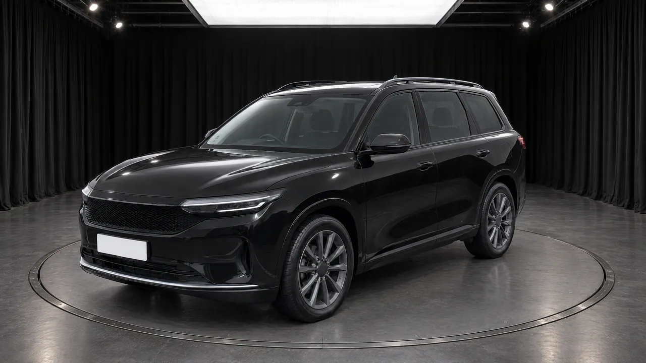 A fictional black three-row SUV on a turntable in the Black Box studio, with black curtains and a grey floor, front three-quarter view; made in TunePixel AI Studio.
