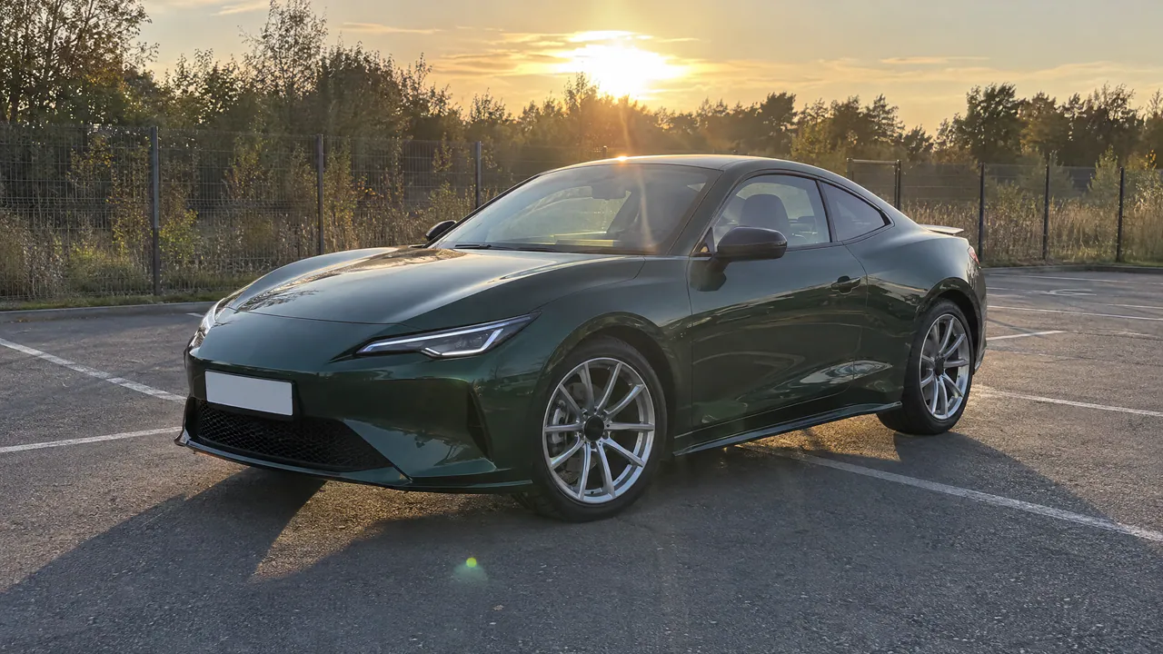A fictional green coupe on a car lot with a low sun behind it, front three-quarter view; a sample photo made with TunePixel AI.