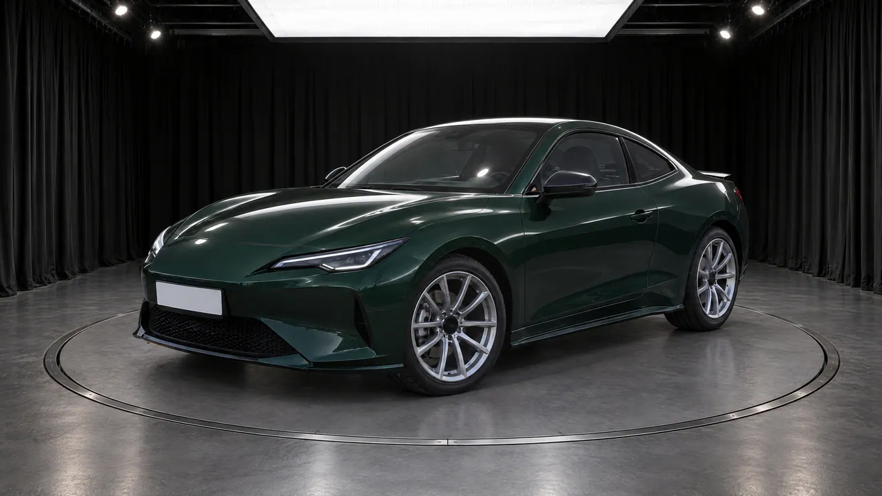 A fictional green coupe on a turntable in the Black Box studio, with black curtains and a grey floor, front three-quarter view; made in TunePixel AI Studio.