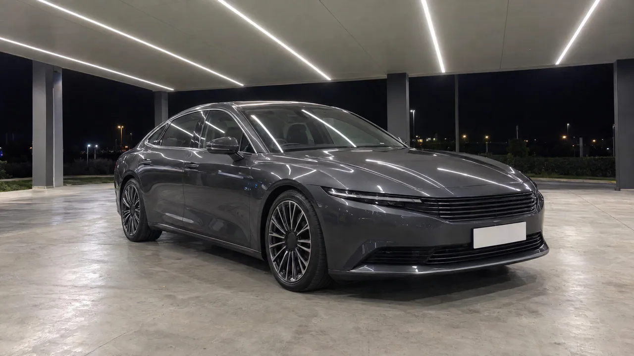 A fictional dark grey executive saloon at night under a canopy of LED strip lights, front three-quarter view; a sample photo made with TunePixel AI.