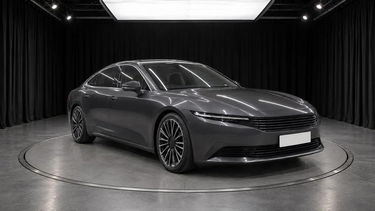 A fictional dark grey saloon on a turntable in the Black Box studio, with black curtains and a grey floor, front three-quarter view; made in TunePixel AI Studio.