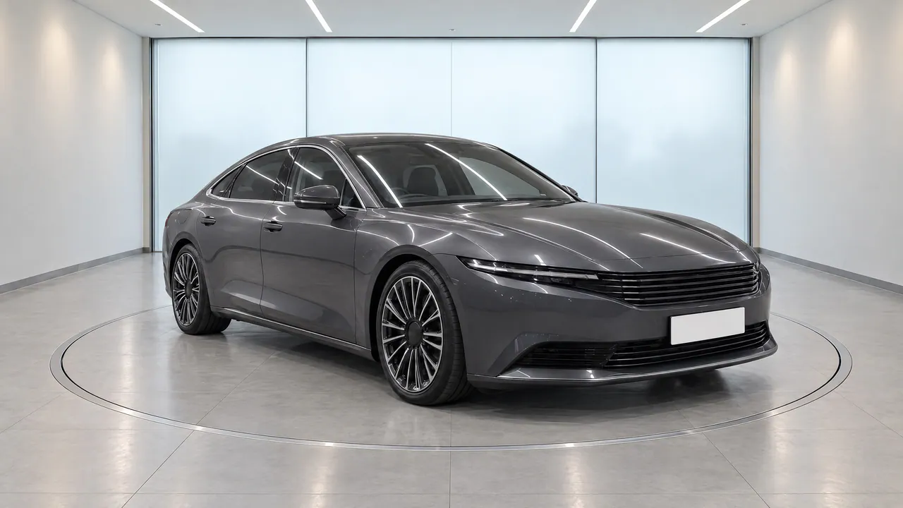 A fictional dark grey saloon on a turntable in the Glass Bay studio, with frosted glass walls, front three-quarter view; made in TunePixel AI Studio.
