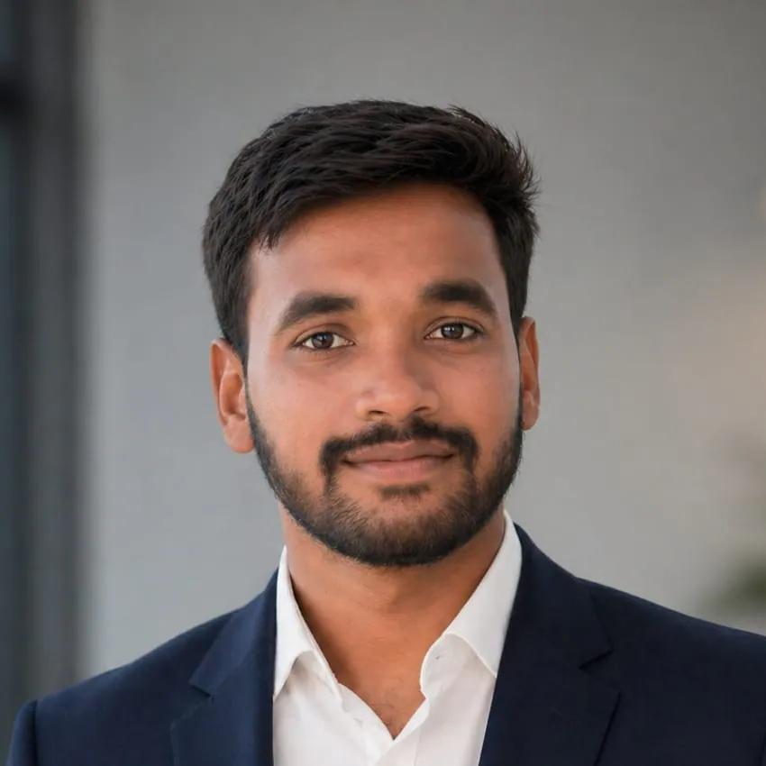 Venkatesh Gandham, Founder and CEO of TunePixel Studio, in a navy suit and an open-collared white shirt.