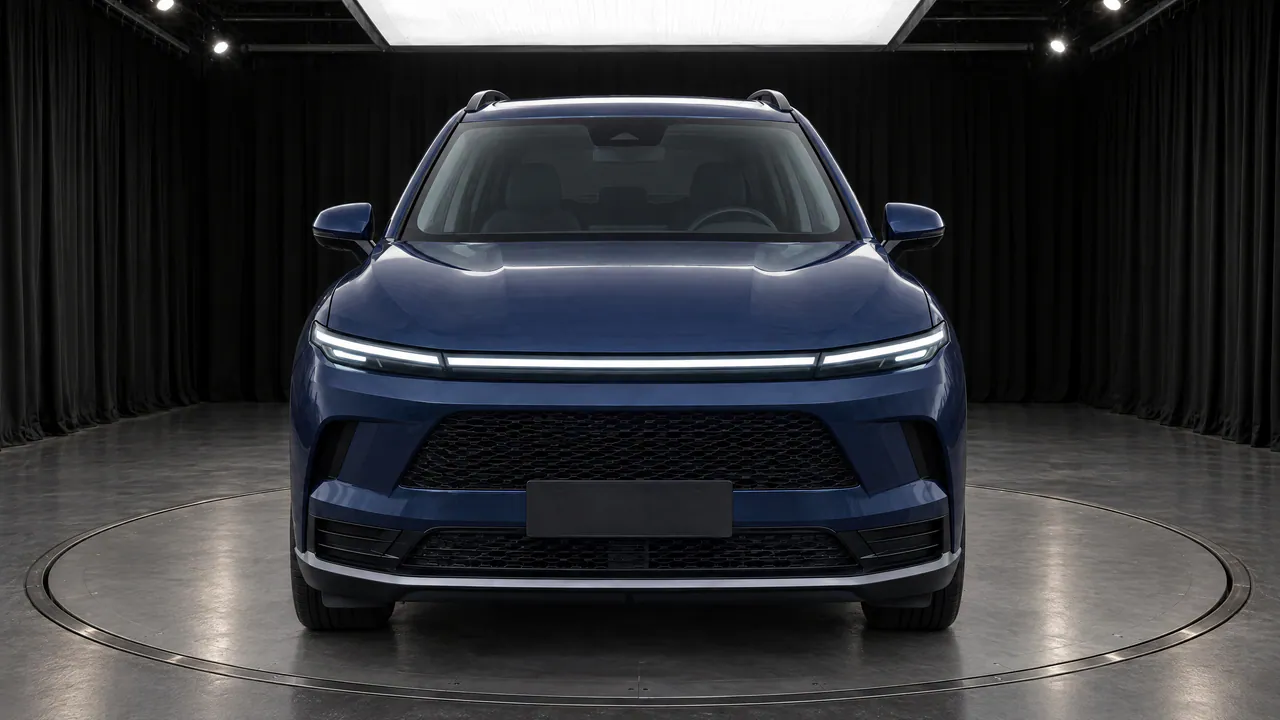 The same fictional sapphire-blue SUV on a turntable in the Black Box studio, with black curtains and a grey floor, seen from the front; made in TunePixel AI Studio.