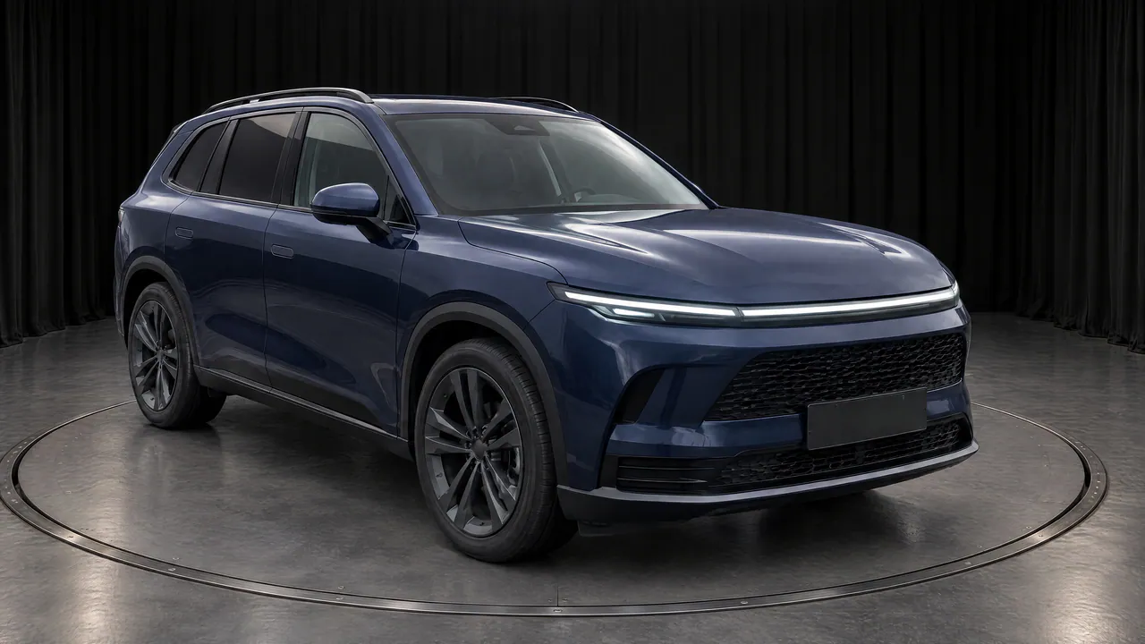 The fictional sapphire-blue SUV on a turntable in the Black Box studio, with black curtains and a grey floor, front three-quarter view; made in TunePixel AI Studio.