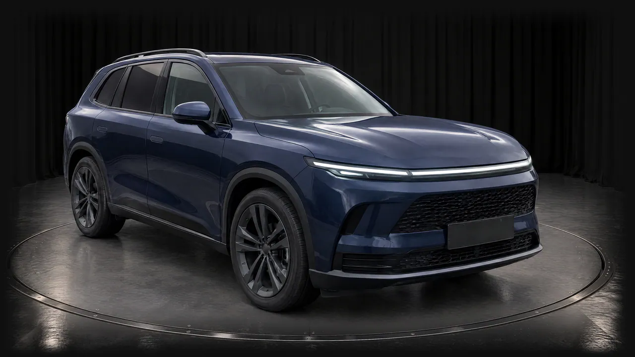 The fictional sapphire-blue SUV on a turntable in the Black Box studio, with black curtains and a grey floor, front three-quarter view; made in TunePixel AI Studio.