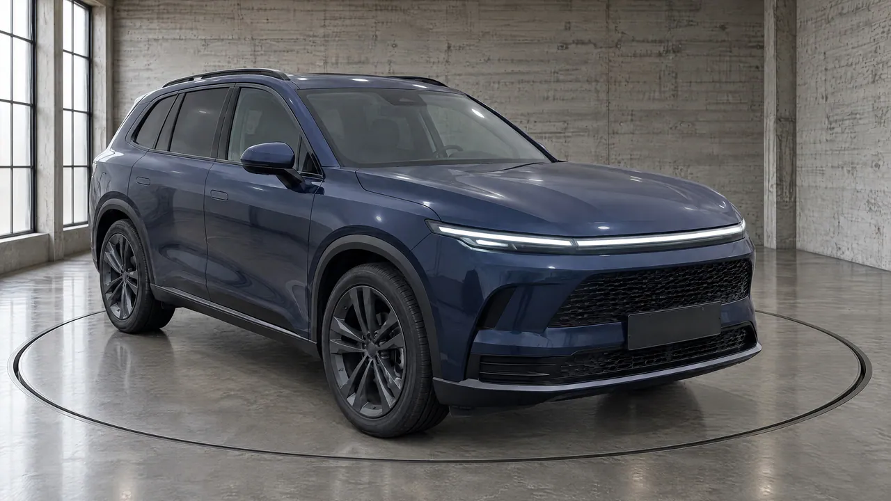 The fictional sapphire-blue SUV on a turntable in the Concrete Loft studio, with board-marked concrete walls, front three-quarter view; made in TunePixel AI Studio.