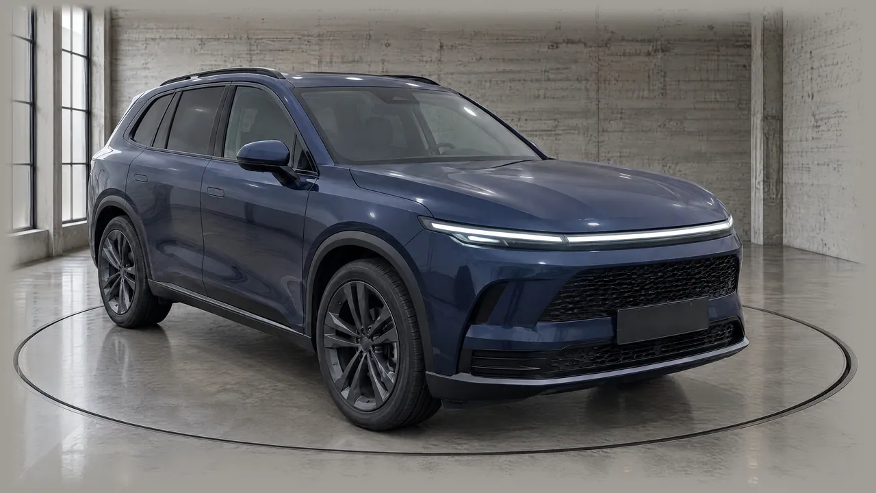 The fictional sapphire-blue SUV on a turntable in the Concrete Loft studio, with board-marked concrete walls, front three-quarter view; made in TunePixel AI Studio.