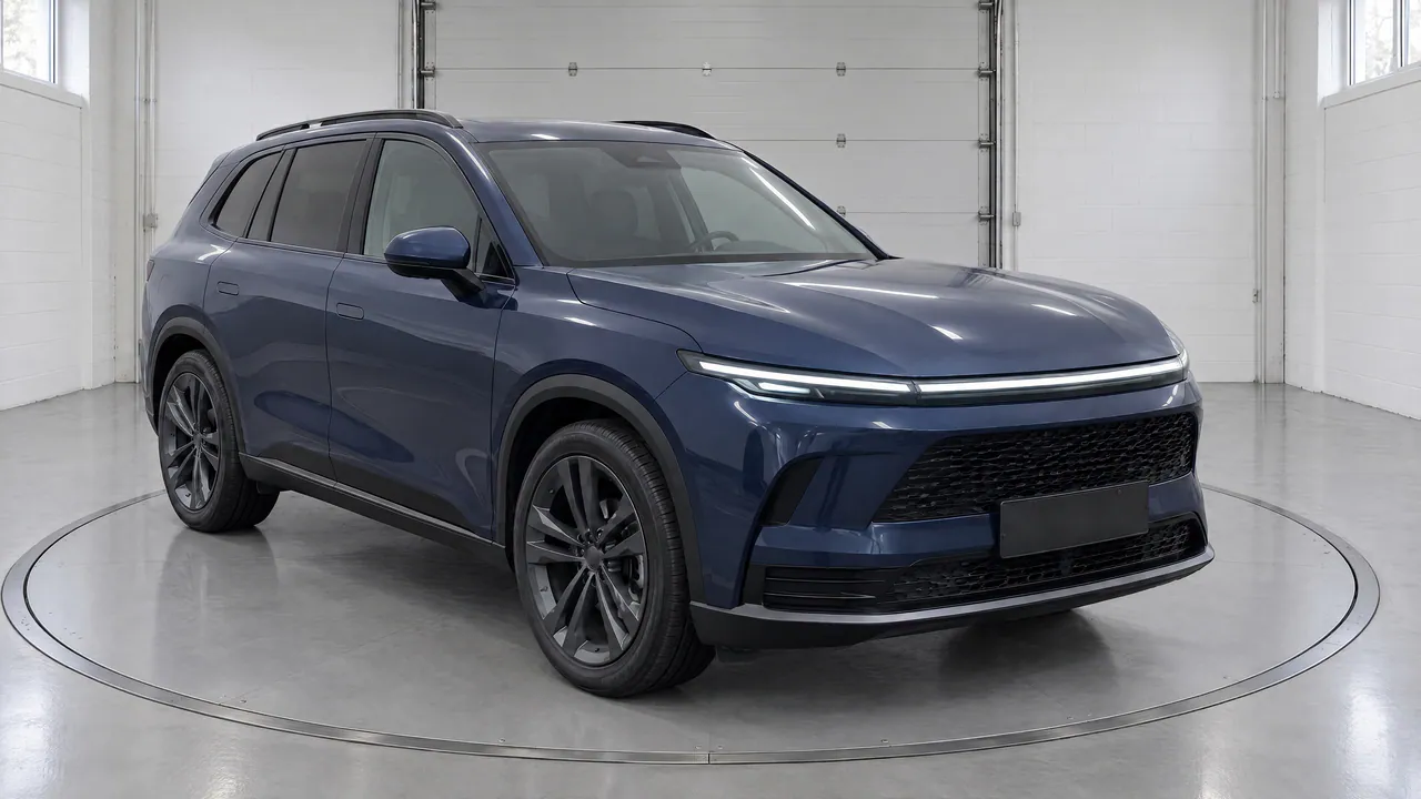 The fictional sapphire-blue SUV on a turntable in the Delivery Bay studio, with white block walls and a roller door, front three-quarter view; made in TunePixel AI Studio.