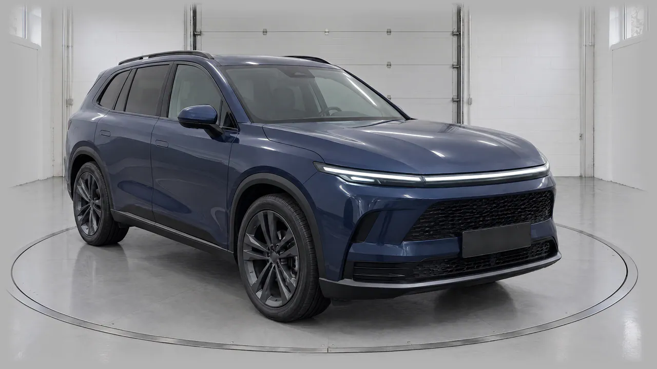 The fictional sapphire-blue SUV on a turntable in the Delivery Bay studio, with white block walls and a roller door, front three-quarter view; made in TunePixel AI Studio.