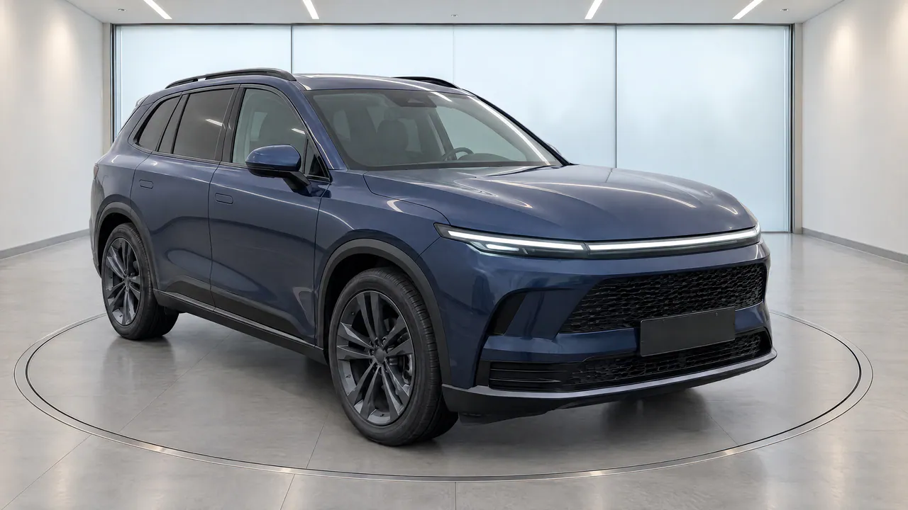 The fictional sapphire-blue SUV on a turntable in the Glass Bay studio, with frosted glass walls, front three-quarter view; made in TunePixel AI Studio.