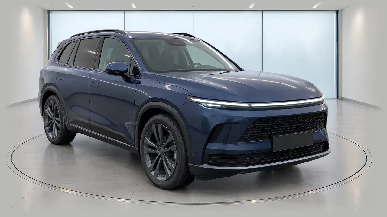The fictional sapphire-blue SUV on a turntable in the Glass Bay studio, with frosted glass walls, front three-quarter view; made in TunePixel AI Studio.