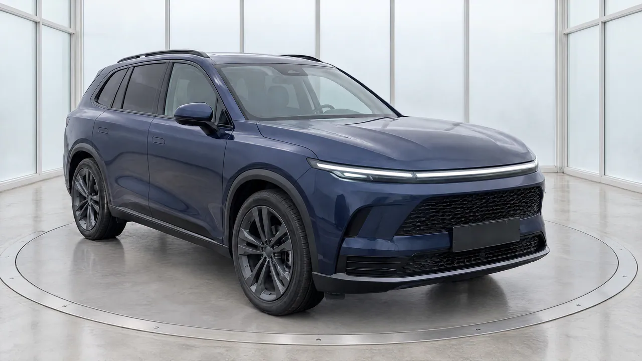 The fictional sapphire-blue SUV on a turntable in the Glasshouse studio, with tall frosted windows, front three-quarter view; made in TunePixel AI Studio.