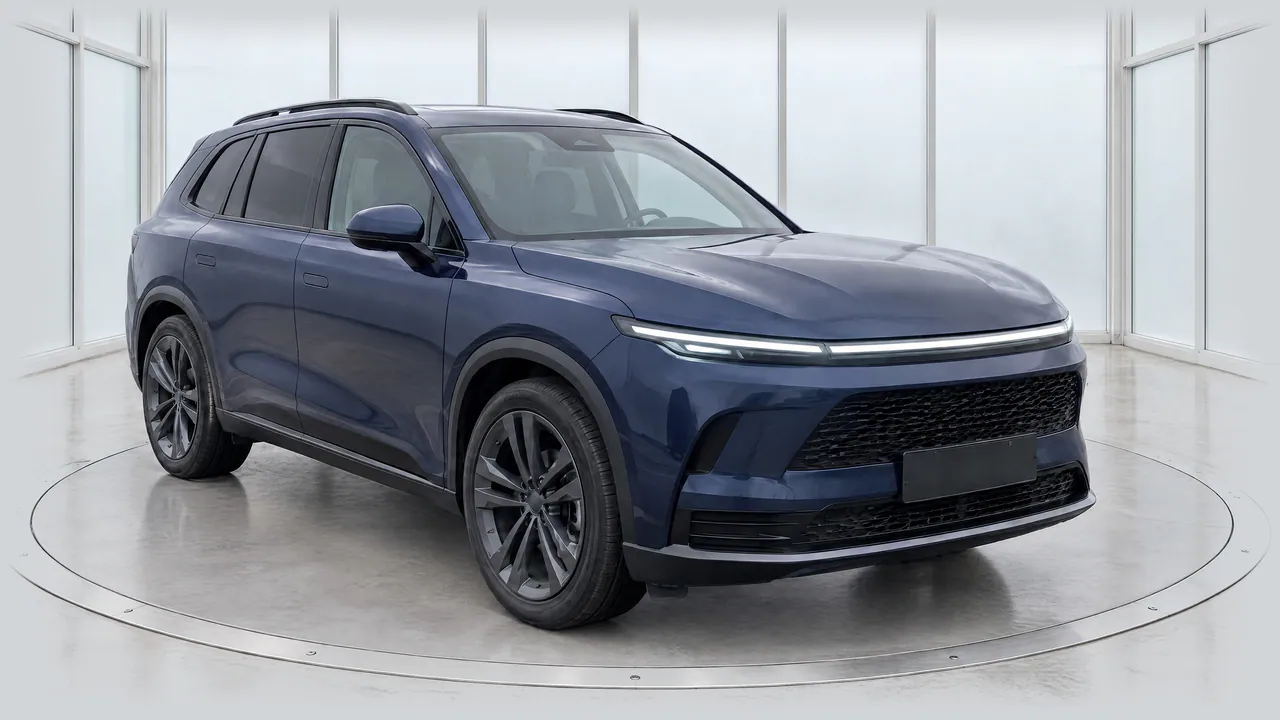 The fictional sapphire-blue SUV on a turntable in the Glasshouse studio, with tall frosted windows, front three-quarter view; made in TunePixel AI Studio.