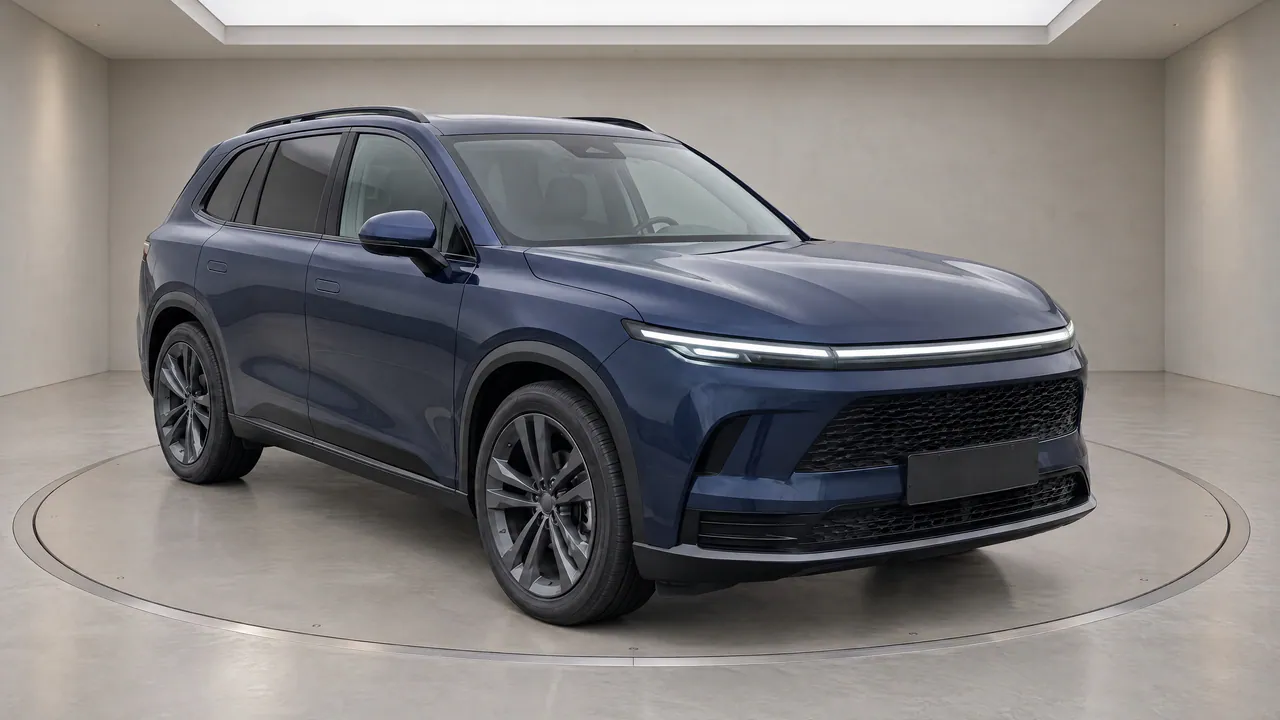The fictional sapphire-blue SUV on a turntable in the Grey Gallery studio, with warm light-grey walls, front three-quarter view; made in TunePixel AI Studio.