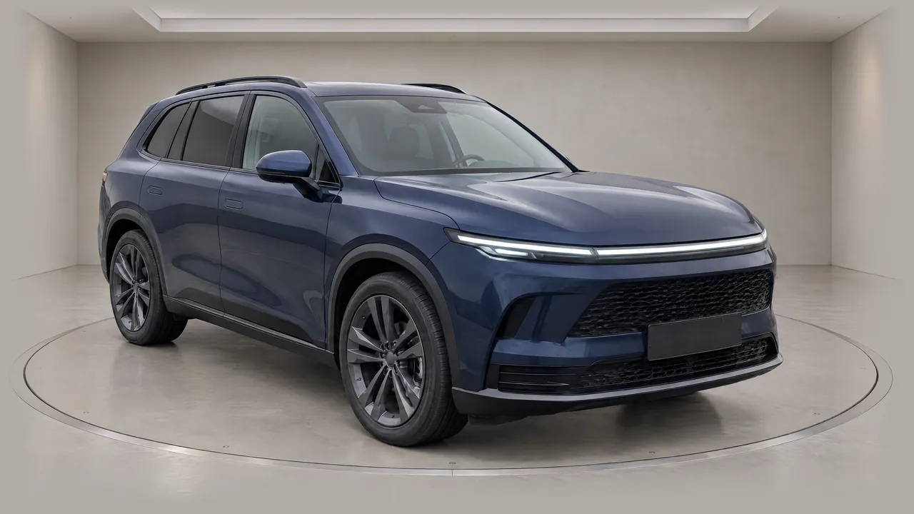 The fictional sapphire-blue SUV on a turntable in the Grey Gallery studio, with warm light-grey walls, front three-quarter view; made in TunePixel AI Studio.