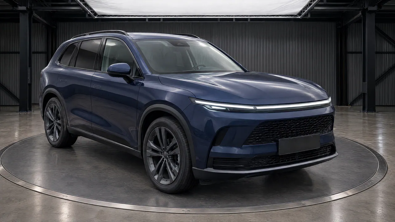 The fictional sapphire-blue SUV on a turntable in the Steel Hall studio, with dark steel walls, front three-quarter view; made in TunePixel AI Studio.