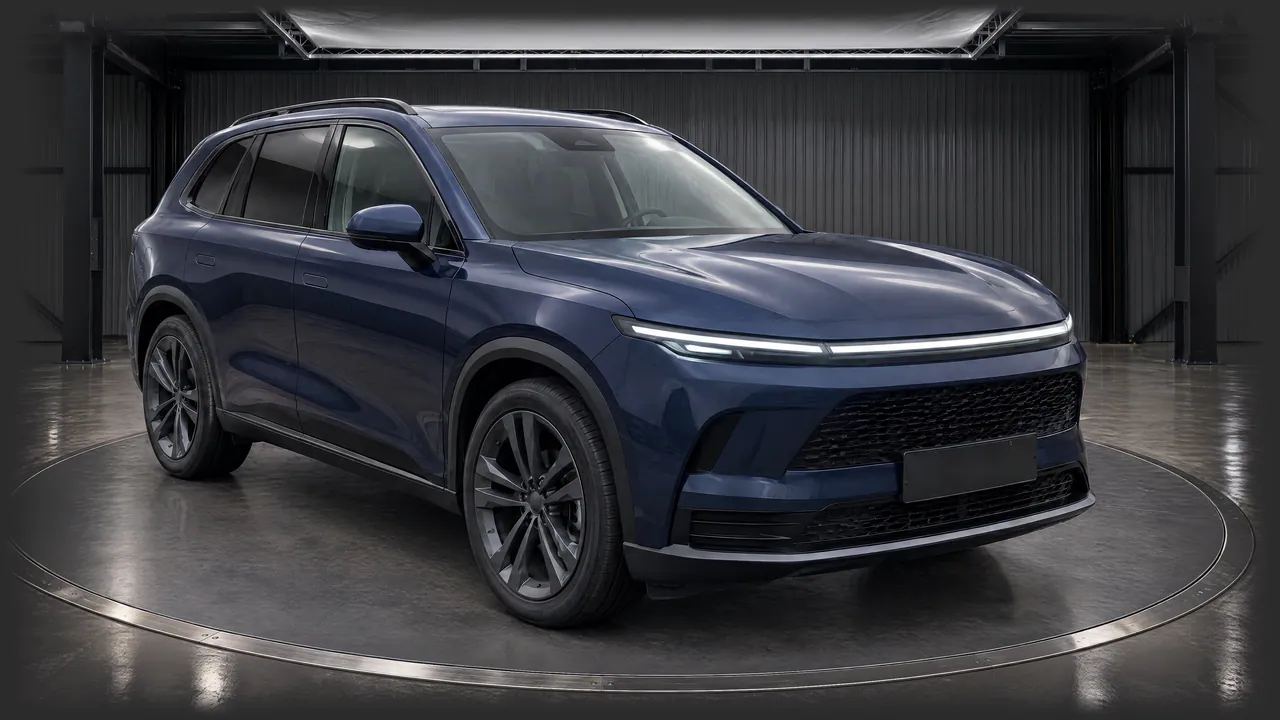 The fictional sapphire-blue SUV on a turntable in the Steel Hall studio, with dark steel walls, front three-quarter view; made in TunePixel AI Studio.
