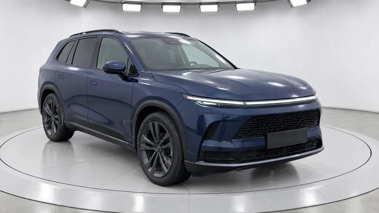 The fictional sapphire-blue SUV on a turntable in White Studio Premium, a curved white studio under a row of lights, front three-quarter view; made in TunePixel AI Studio.
