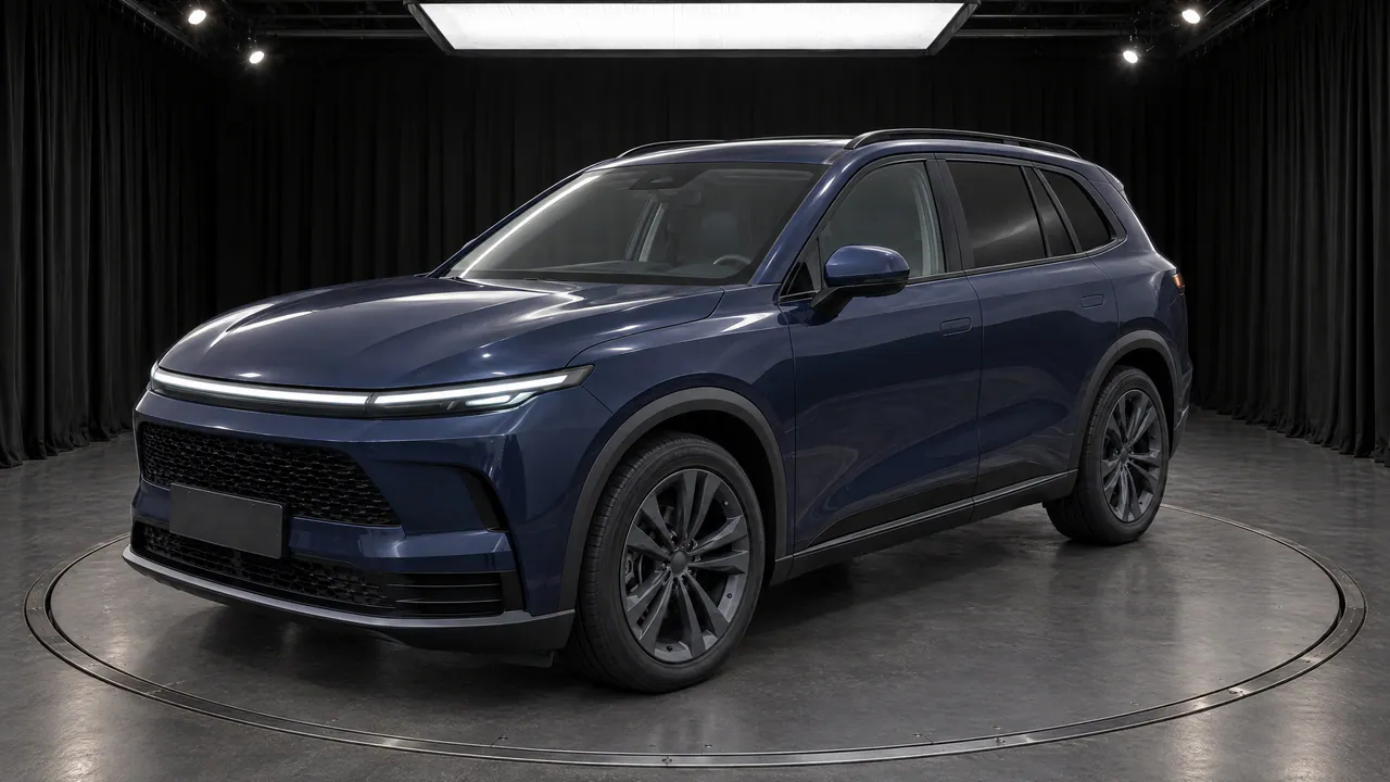 The same fictional sapphire-blue SUV on a turntable in the Black Box studio, with black curtains and a grey floor, front three-quarter view from the other side; made in TunePixel AI Studio.