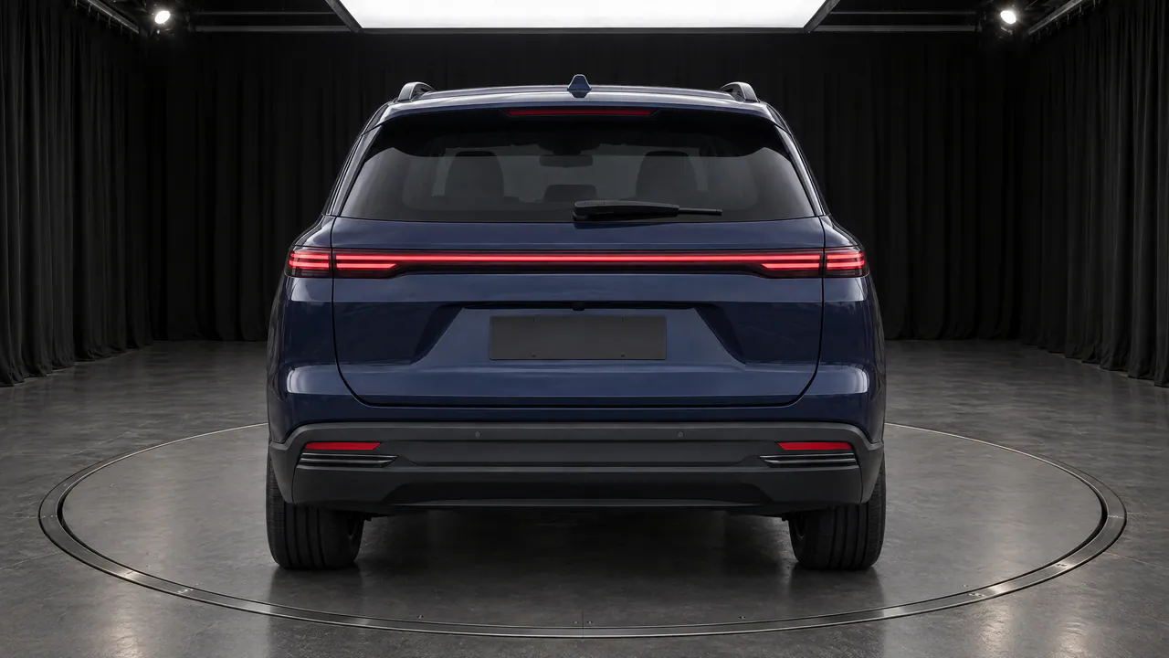 The same fictional sapphire-blue SUV on a turntable in the Black Box studio, with black curtains and a grey floor, seen from behind; made in TunePixel AI Studio.