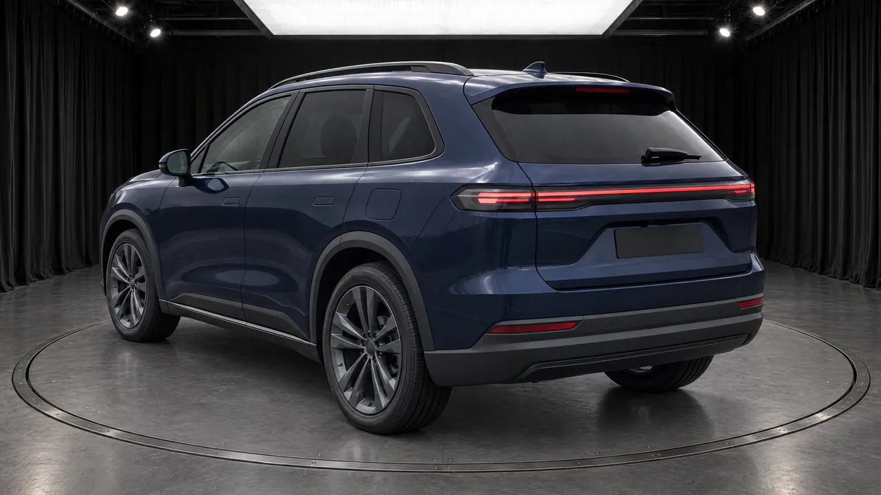 The same fictional sapphire-blue SUV on a turntable in the Black Box studio, with black curtains and a grey floor, rear three-quarter view; made in TunePixel AI Studio.