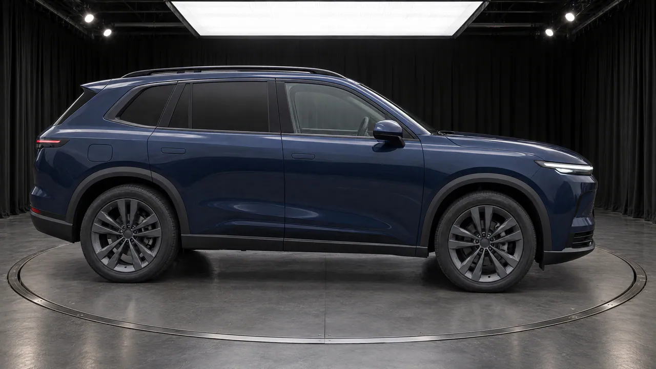 The same fictional sapphire-blue SUV on a turntable in the Black Box studio, with black curtains and a grey floor, side view; made in TunePixel AI Studio.