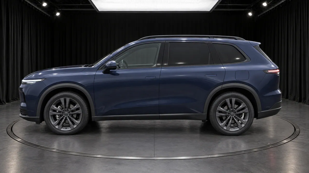 The same fictional sapphire-blue SUV on a turntable in the Black Box studio, with black curtains and a grey floor, side view from the other side; made in TunePixel AI Studio.