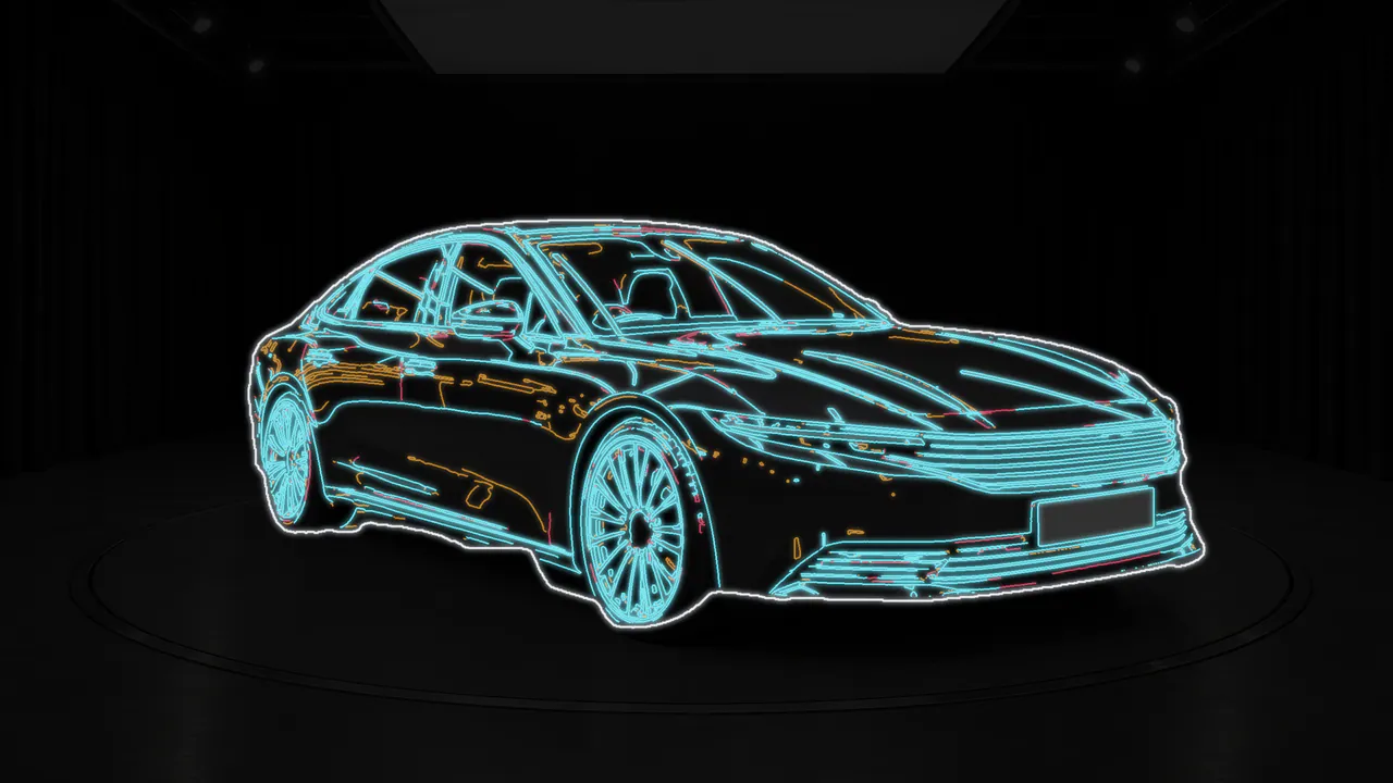 Structure x-ray of the dark grey saloon in the Black Box studio, front three-quarter view: the car's lines glow over a darkened copy of the image. Teal lines are in both the lot photo and the studio image, amber lines only in the lot photo, red lines only in the studio image.