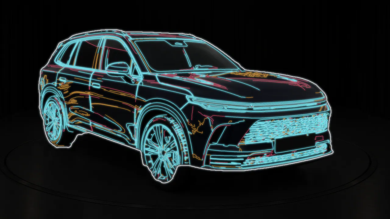 Structure x-ray of the sapphire-blue SUV in the Black Box studio, front three-quarter view: the car's lines glow over a darkened copy of the image. Teal lines are in both the lot photo and the studio image, amber lines only in the lot photo, red lines only in the studio image.