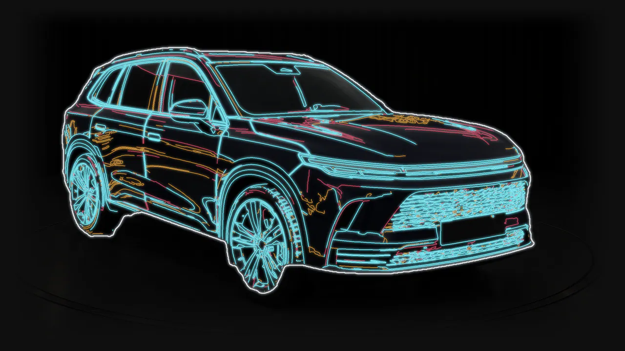 Structure x-ray of the sapphire-blue SUV in the Black Box studio, front three-quarter view: the car's lines glow over a darkened copy of the image. Teal lines are in both the lot photo and the studio image, amber lines only in the lot photo, red lines only in the studio image.